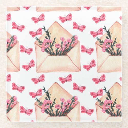 Watercolor flowers in envelopes seamless pattern glass coaster