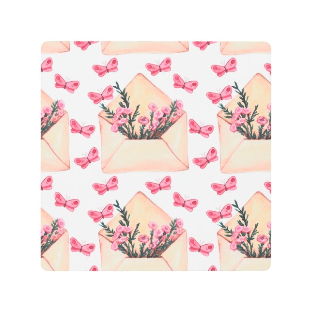 Watercolor flowers in envelopes: seamless pattern metal print (Front)
