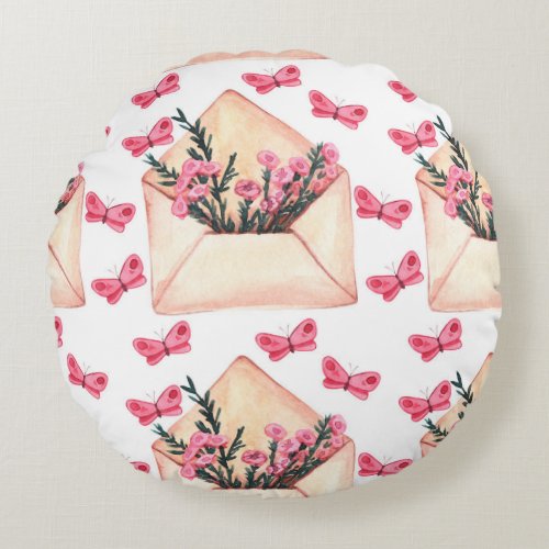 Watercolor flowers in envelopes seamless pattern round pillow