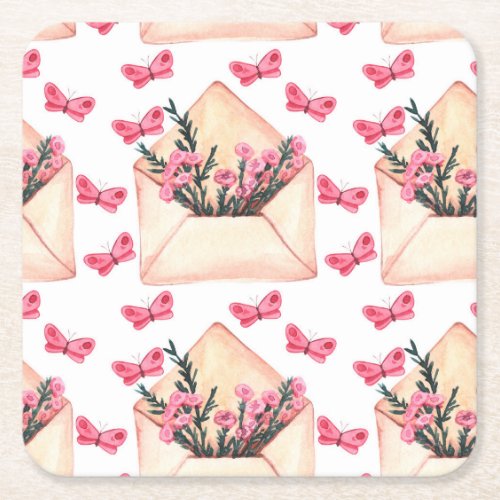 Watercolor flowers in envelopes seamless pattern square paper coaster