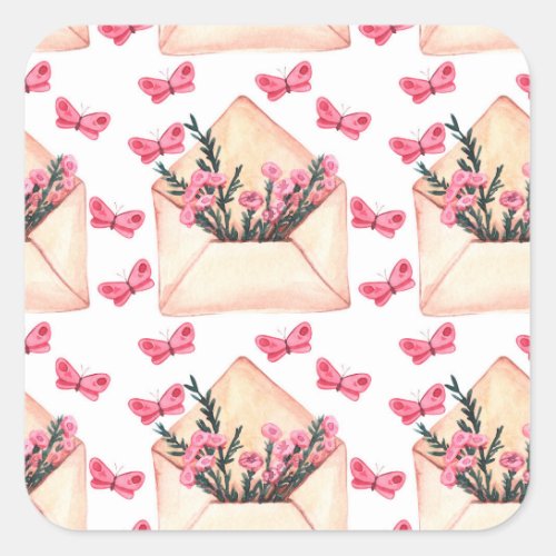 Watercolor flowers in envelopes seamless pattern square sticker