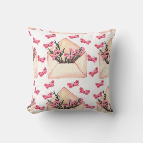 Watercolor flowers in envelopes seamless pattern throw pillow