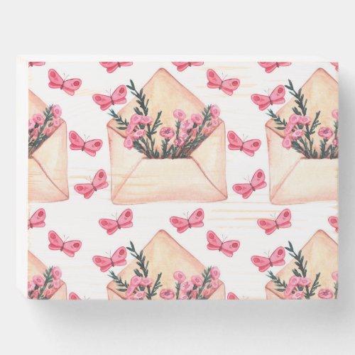 Watercolor flowers in envelopes seamless pattern wooden box sign