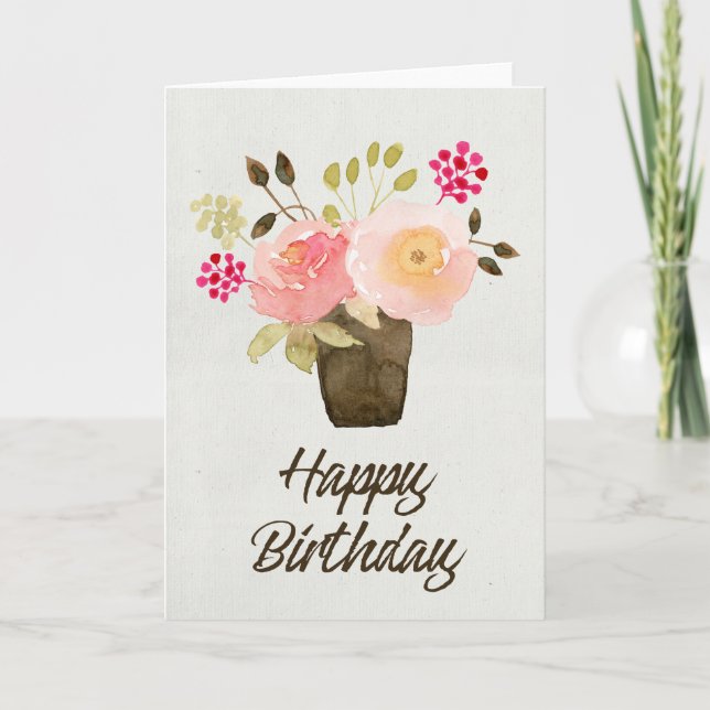 Watercolor Flowers in Flower Pot Birthday Card (Front)
