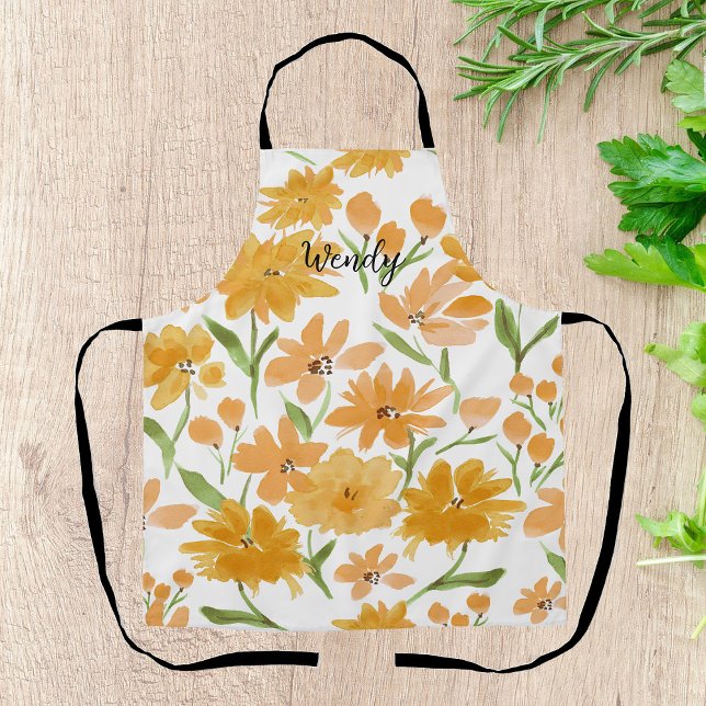 Watercolor Flowers in Orange &  Green Personalized Apron (Creator Uploaded)