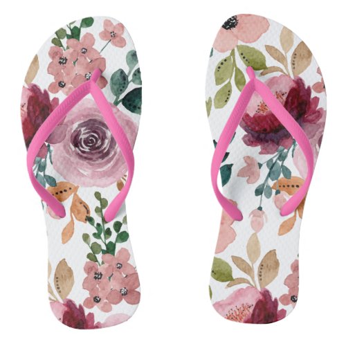 Watercolor flowers in pink and purple flip flops