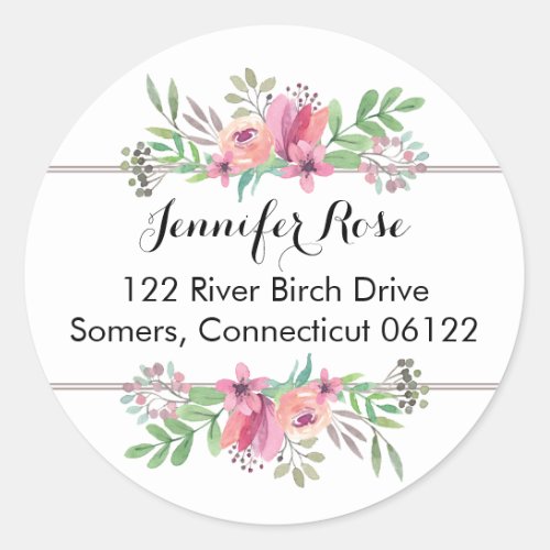 Watercolor Flowers in Pink Circle Address Sticker
