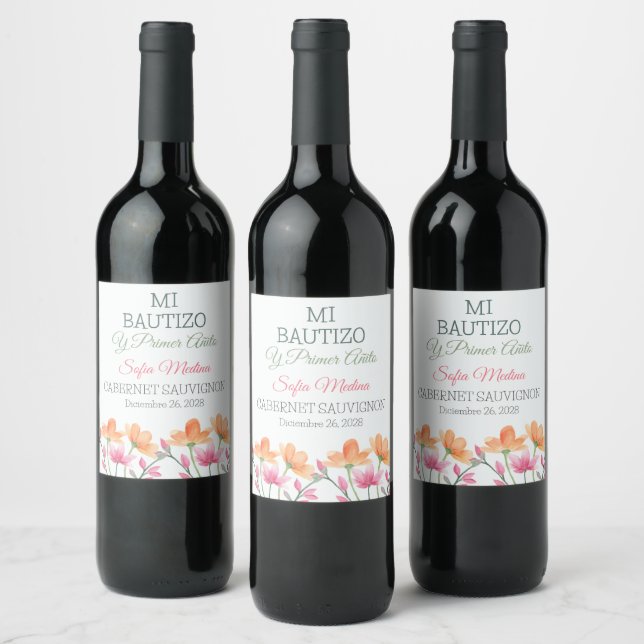 Watercolor Flowers In Spanish First holy Communion Wine Label (Bottles)