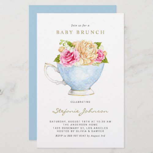 Watercolor Flowers in Teacup Baby Brunch Invite
