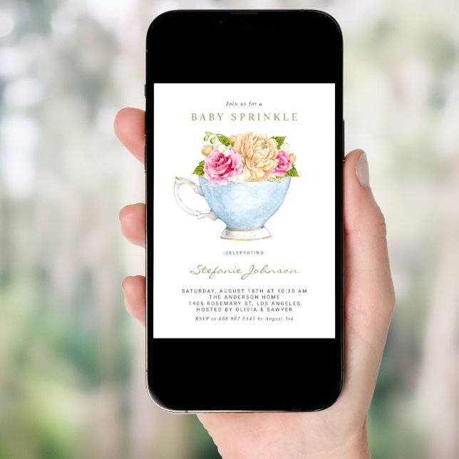 Watercolor Flowers in Teacup Baby Sprinkle Invitation (Front Digital)