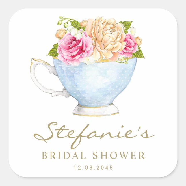 Watercolor Flowers in Teacup Bridal Shower Square Sticker (Front)