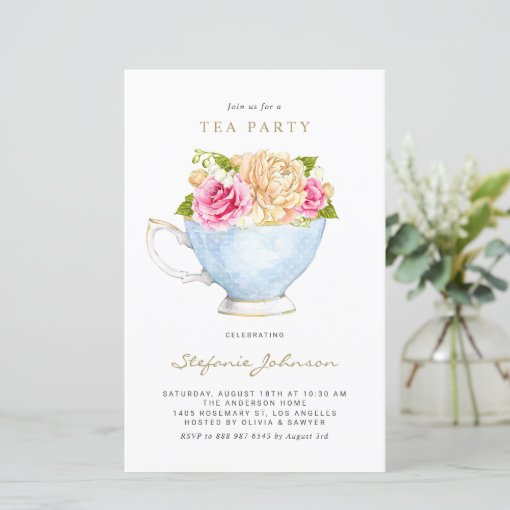 Watercolor Flowers in Teacup Tea Party Invitation | Zazzle