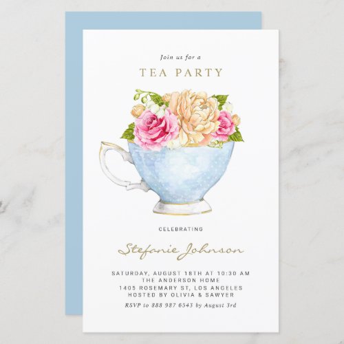 Watercolor Flowers in Teacup Tea Party Invitation