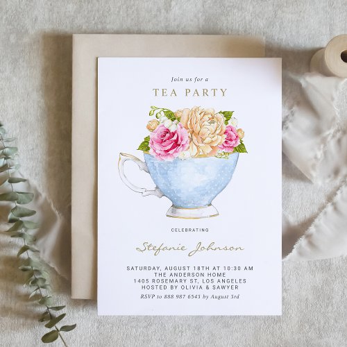 Watercolor Flowers in Teacup Tea Party Invitation