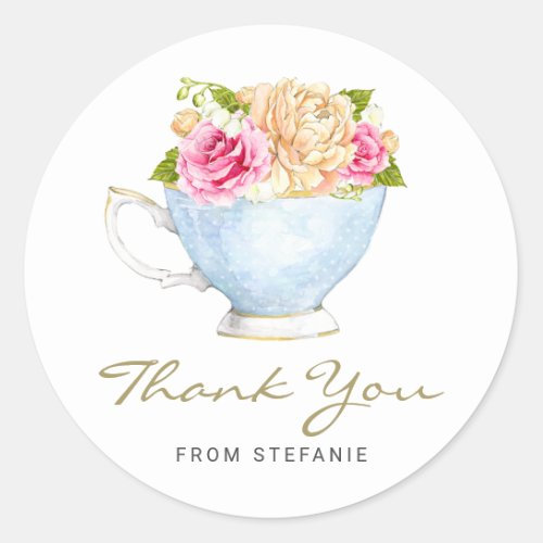 Watercolor Flowers in Teacup Tea Party Thank You Classic Round Sticker