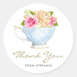 Watercolor Flowers in Teacup Tea Party Thank You Classic Round Sticker