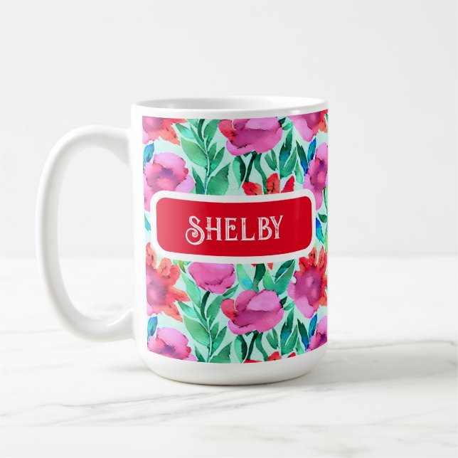 Watercolor Flowers in Teal, Red and Pink Coffee Mug (Left)