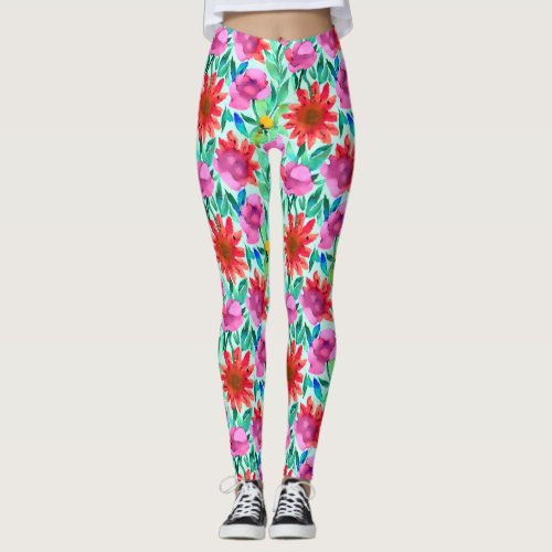 Watercolor Flowers in Teal Red and Pink Leggings