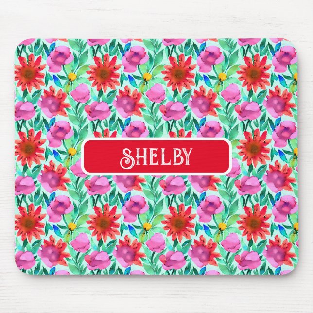 Watercolor Flowers in Teal, Red and Pink Mouse Pad (Front)