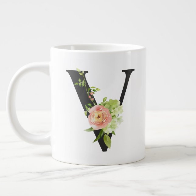 Watercolor Flowers Initial Mug with the letter V (Left)