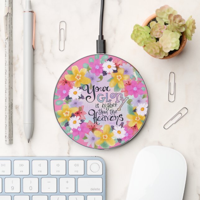 Watercolor Flowers Inspirational Bible Quotes Wireless Charger (Desk)