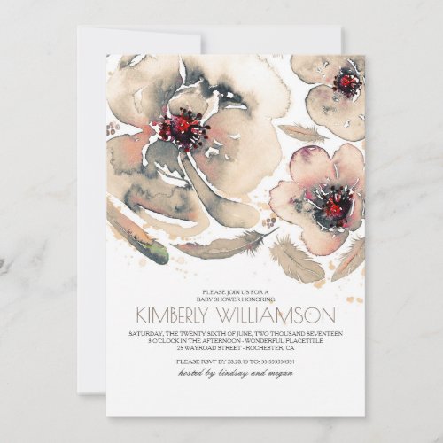 Watercolor Flowers Ivory Blush Boho Baby Shower Invitation - Blush, grey and ivory watercolor flowers and feathers bohemian vintage baby shower invitation.