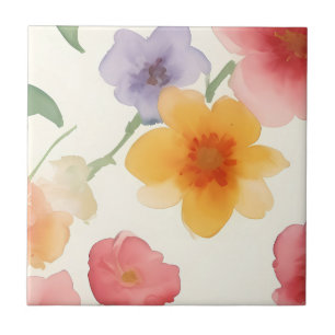 Watercolor Flowers Large Print Floral on White Ceramic Tile