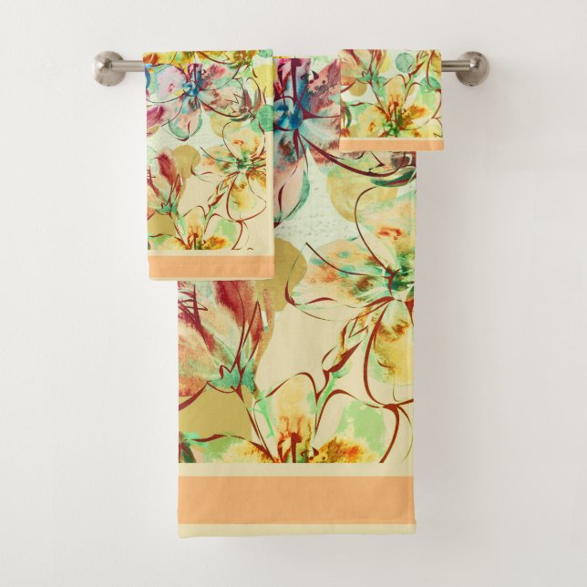 Watercolor Flowers Large with Trim Bath Towel Set (Insitu)