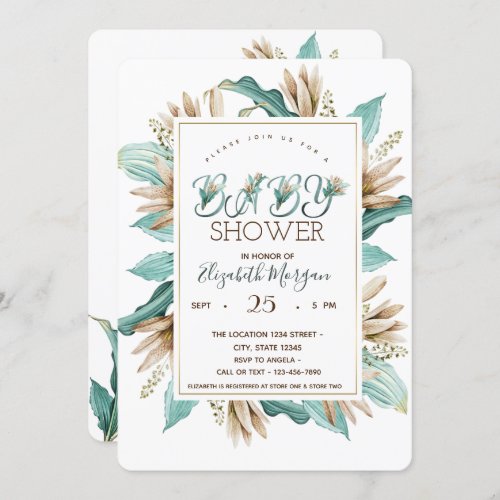 Watercolor Flowers Leaves Baby Shower  Invitation