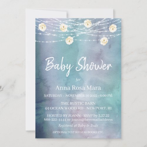 *~* Watercolor Flowers Lights Roses Baby Shower Invitation