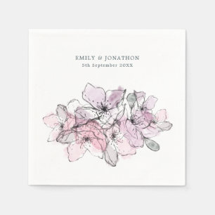 Watercolor Flowers Lilac Pink Name Date Wedding Napkins