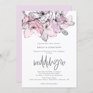 Watercolor Flowers Lilac Pink Script Wedding Invitation