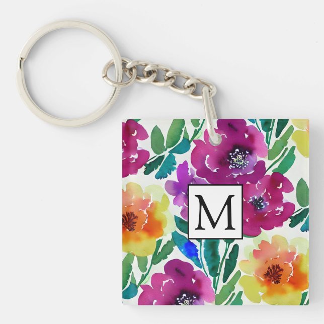 Watercolor Flowers Maroon and Yellow Keychain (Front)
