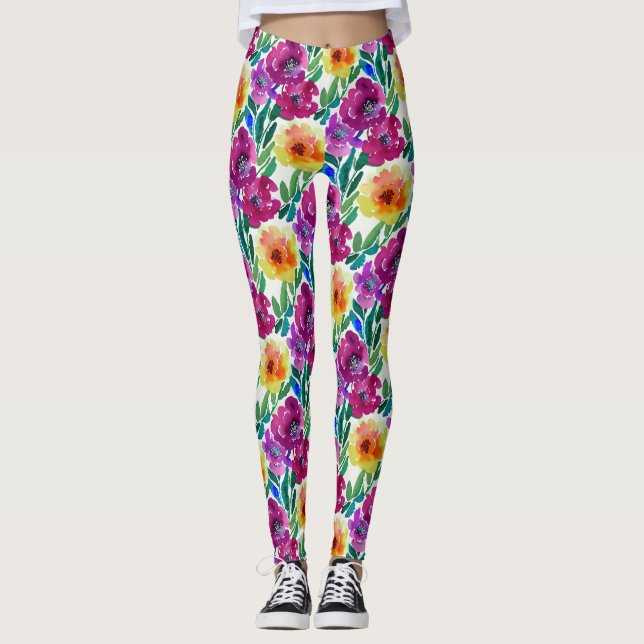 Watercolor Flowers Maroon and Yellow Leggings (Front)