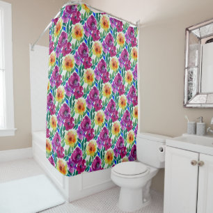Watercolor Flowers Maroon and Yellow Shower Curtain