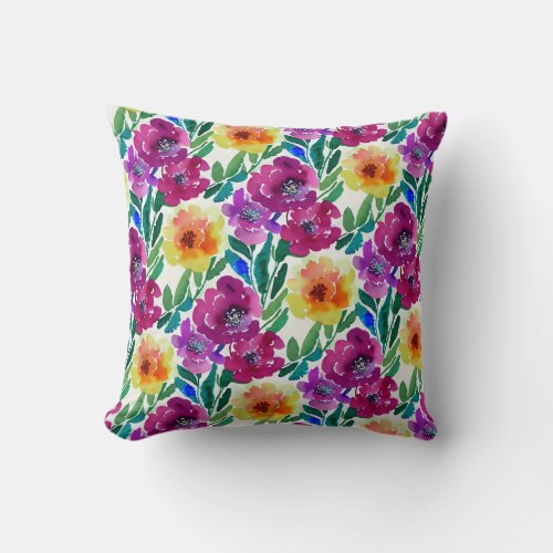 Watercolor Flowers Maroon and Yellow Throw Pillow