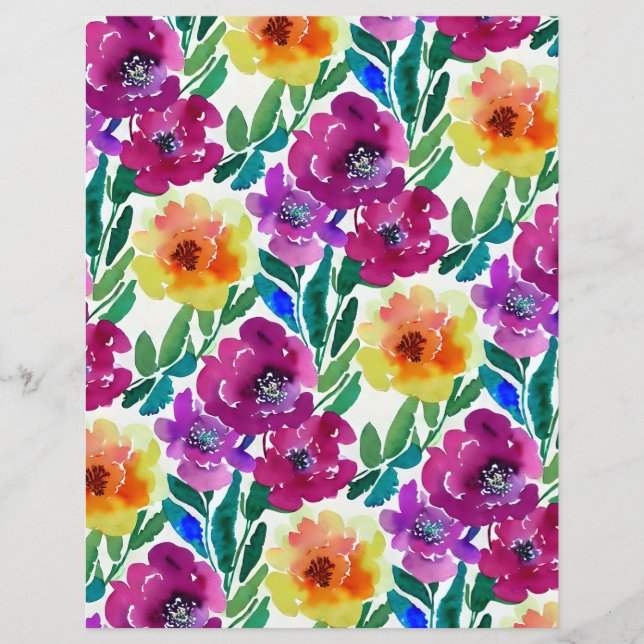 Watercolor Flowers Maroon Yellow Scrapbook Paper (Front)
