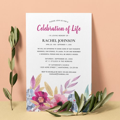 Watercolor Flowers Memorial  Celebration of Life Invitation