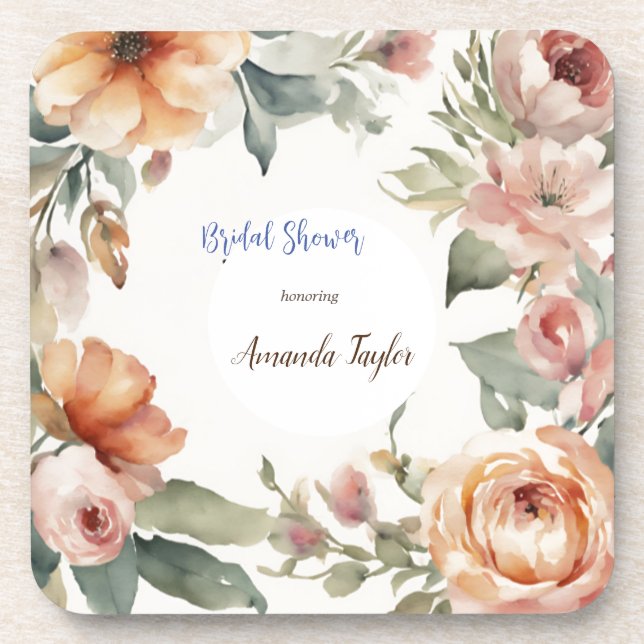 Watercolor Flowers Minimal Bridal Shower Beverage Coaster (Front)