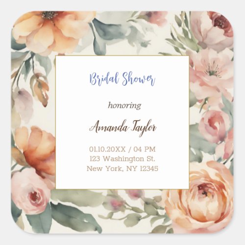 Watercolor Flowers Minimal Bridal Shower Card Square Sticker