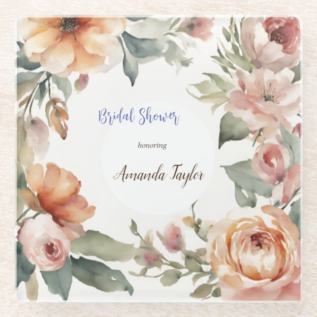 Watercolor Flowers Minimal Bridal Shower Glass Coaster (Front)