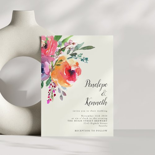 Watercolor Flowers Modern Elegant Script Wedding Invitation