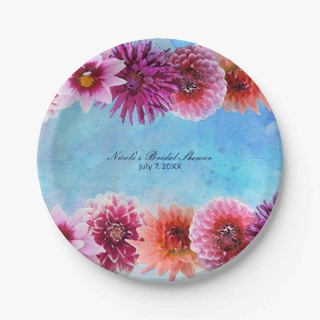 Watercolor Flowers Modern Floral Bridal Shower Paper Plates (Front)