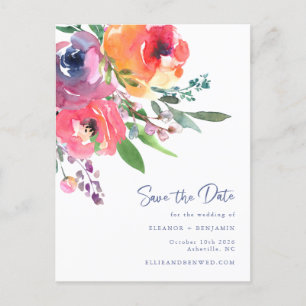 Watercolor Flowers Modern Script Save The Date Postcard