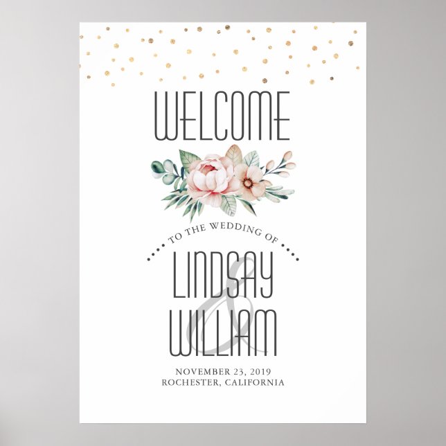 Watercolor Flowers Modern Wedding Welcome Sign (Front)