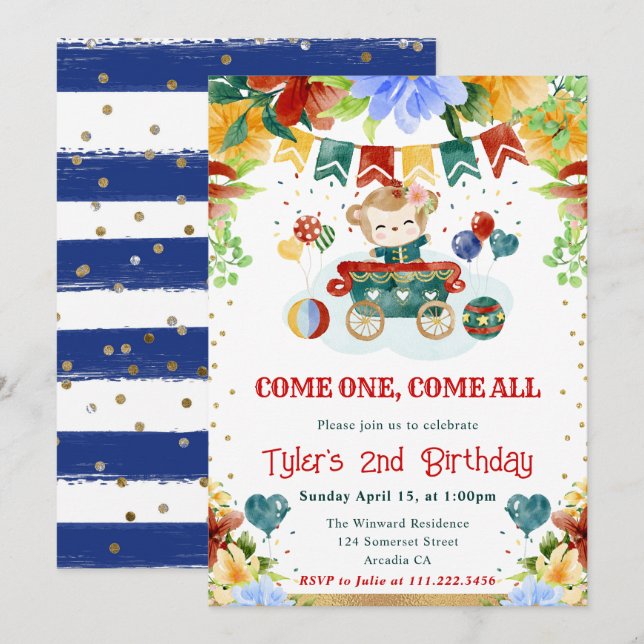 Watercolor Flowers Monkey Kids Birthday Invitation (Front/Back)