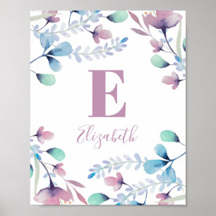 Watercolor flowers monogram. Baby girl. Nursery Poster