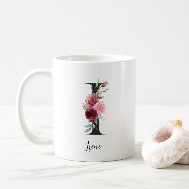 Watercolor Flowers Monogram I Custom Name Coffee Mug (With Donut)