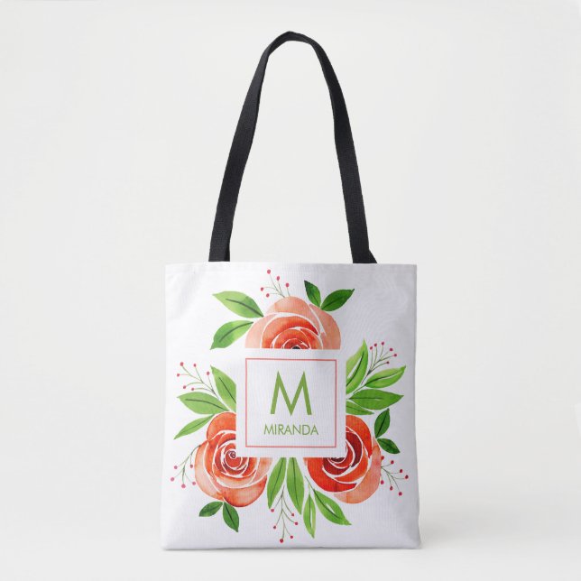 Watercolor Flowers Monogram Personalized Tote Bag (Front)