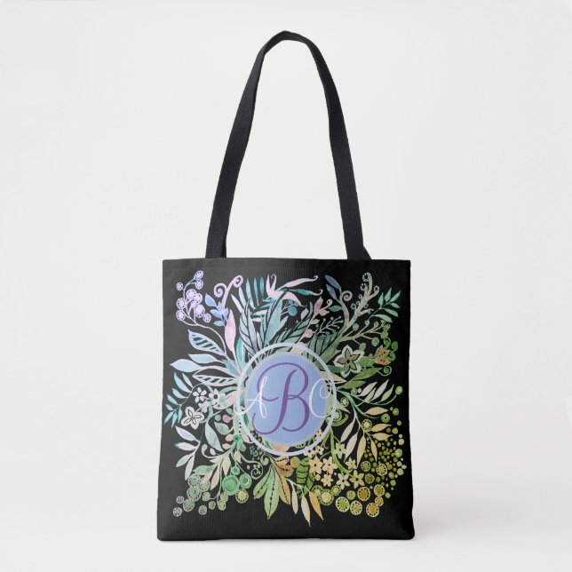 Watercolor Flowers Monogram Tote Bag (Front)